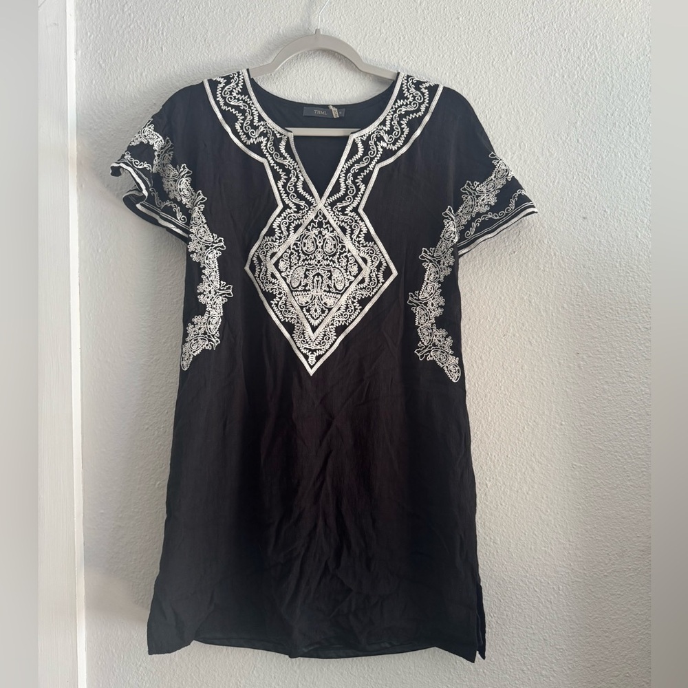 THML Black Mini Dress / Tunic with White Embroidery. Sz Small - Picture 1 of 10
